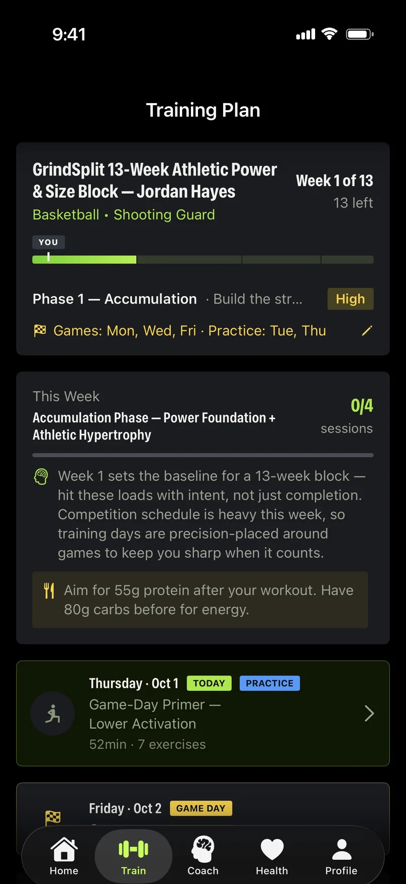 Training Plan: a 13-week basketball block with games Monday, Wednesday and Friday and today's practice-day primer